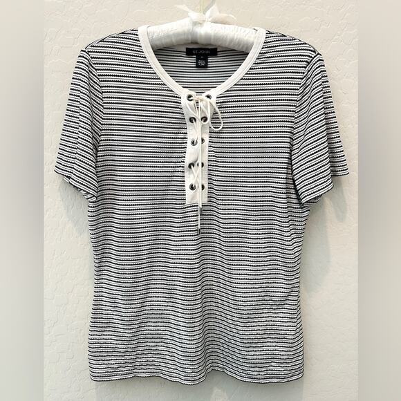 ST JOHN | Sport Black White Stripe Lace-Up Knit Top | Medium - Picture 1 of 8